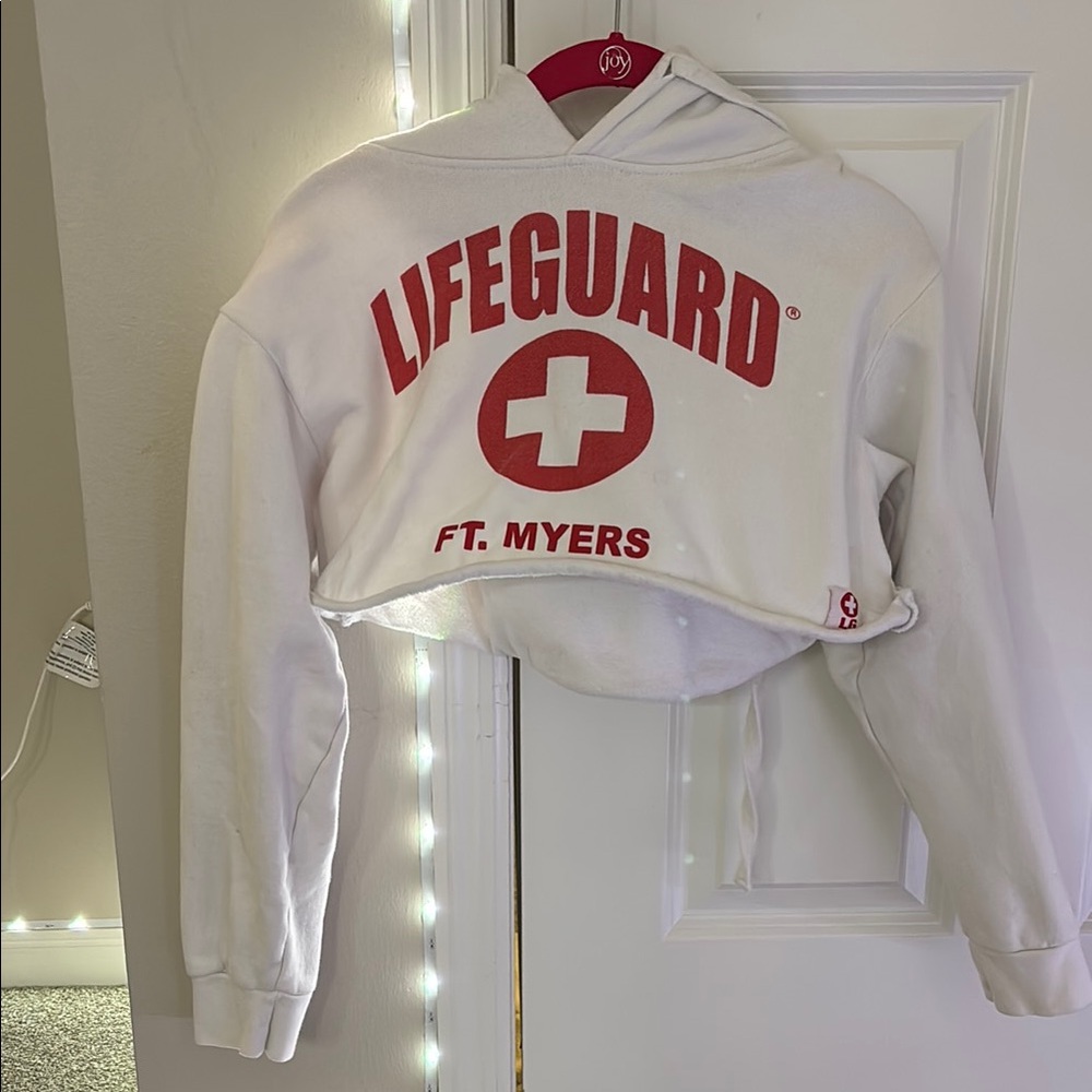 White and Red Lifeguard Cropped Hoodie